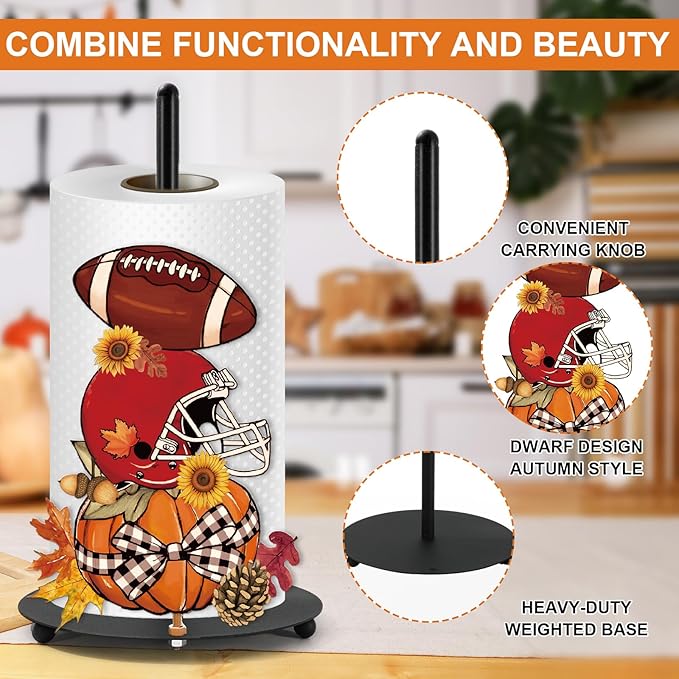 JarThenaAMCS Fall Paper Towel Holder Pumpkin Football Kitchen Decor Accessories Large Metal Towel Holder Stand for Autumn Thanksgiving Home Party Bathroom Countertop