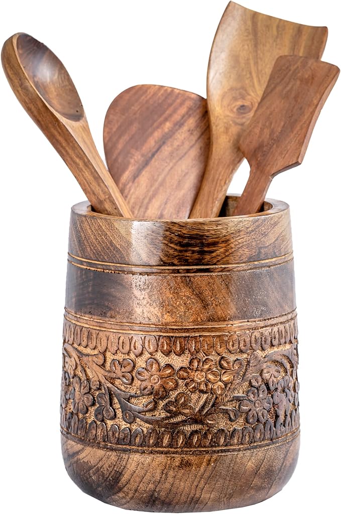 Mie Creations Rustic 7'' Large Utensil Crock Holder for Kitchen Countertop | Wooden Cooking Spatula Organizer for Party, Floral Hand carving Utensils Caddy, Vintage Kitchen Counter Decor- Dark Brown