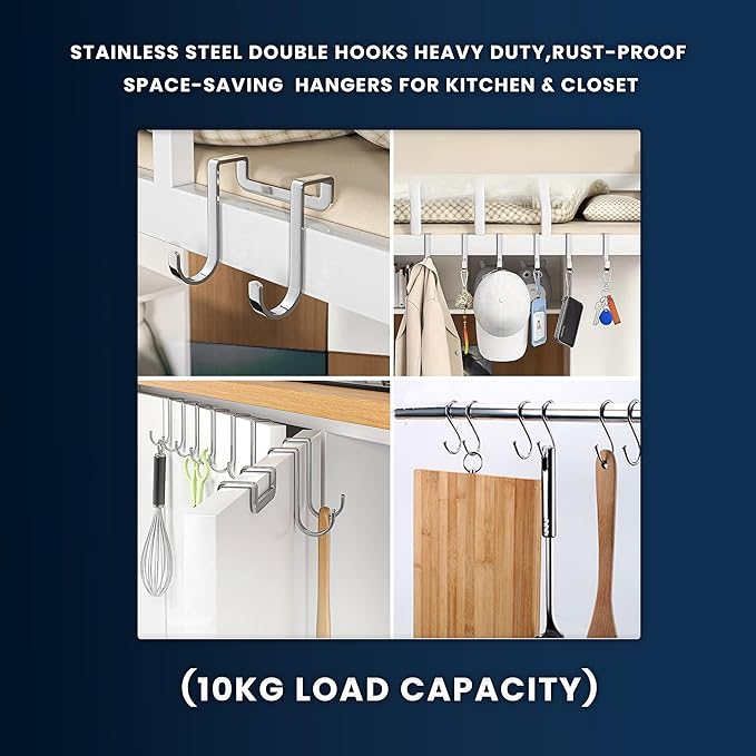 6 Pack - Over the Cabinet Door Hooks | Stainless Steel Cabinet Hooks for Hanging Mugs, Cups, Utensils | Cupboard Door Organizer & Under Sink Door Organizer Kitchen Storage Cabinet, Kitchen Accessories