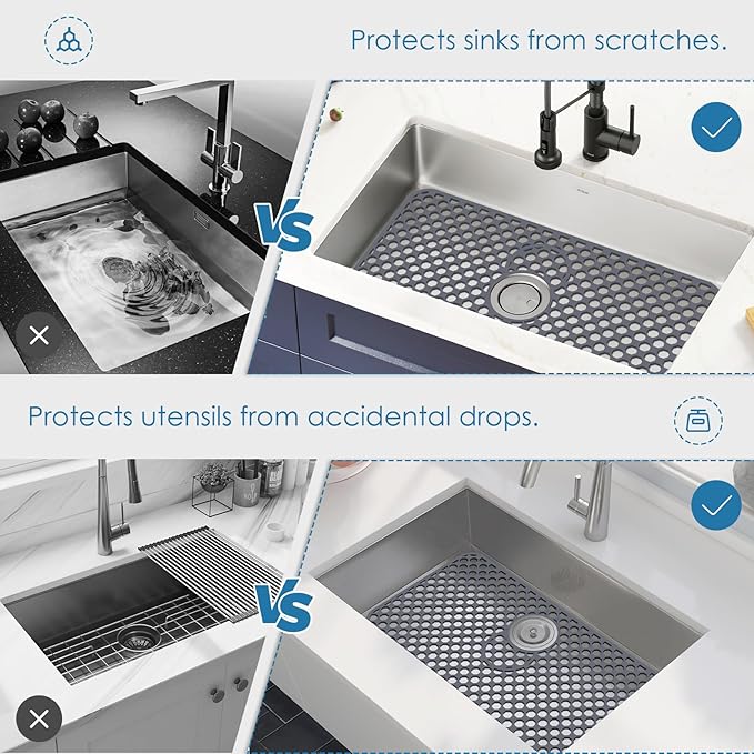 Flytime Silicone Sink Protectors for Kitchen Sink with Center&Rear Drain, 26"x 14" Kitchen Grid Accessory, Non-Slip Folding Heat-Resistant Mat for Bottom of Farmhouse Porcelain Stainless Steel