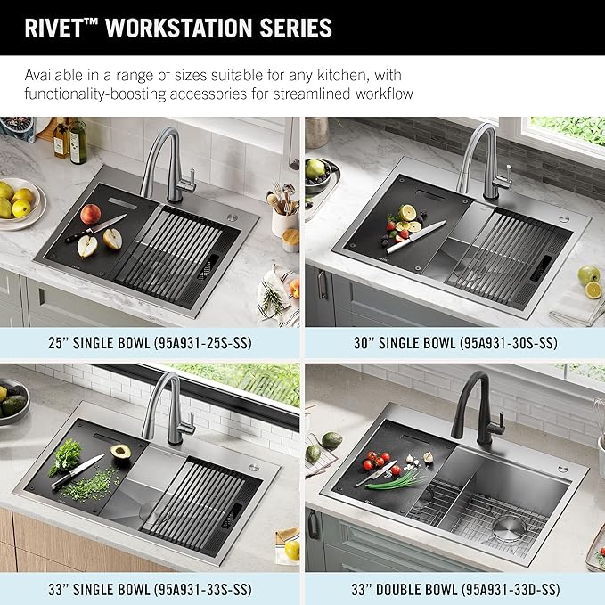 DELTA FAUCET Rivet 25-Inch Workstation Kitchen Sink Drop-In Top Mount 16 Gauge Stainless Steel Single Bowl with WorkFlow Ledge and Chef’s Kit of 5 Accessories, 95A931-25S-SS