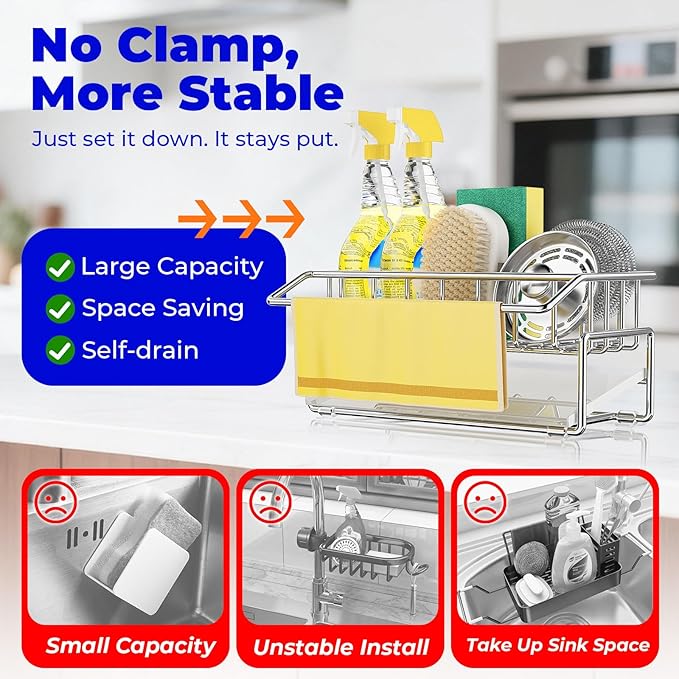 BREIS Sponge Holder for Kitchen Sink, Caddy Organizer with Rag Holder, Countertop Self-Draining Sponge Caddy, Rustproof Sink Storage Rack for Soap Dispenser Storage Accessories (Sliver)