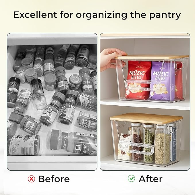 2 Set Pantry Organizers, Storage,Bamboo Lids with Removable Drain Trays, Stackable Clear Bins for Potato, Onion, Vegetables, Fruit, Trash Bag Dispenser, Under Sink Organizer for 4-13 Gal Bags