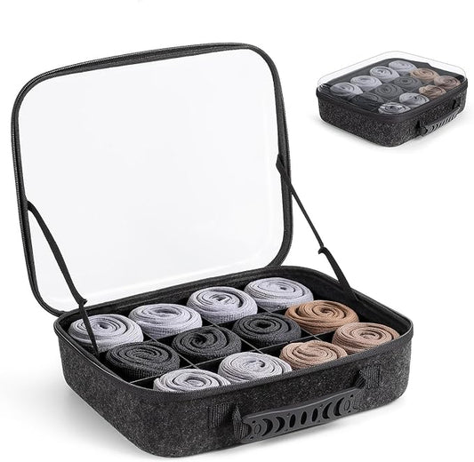 Sock Tie Storage Organizer Box with Clear Lid, 12 Compartment Removable Divided Drawer Organizer for Tea Bag and Threads, Eco-Friendly Felt Case, Gift for Men & Women