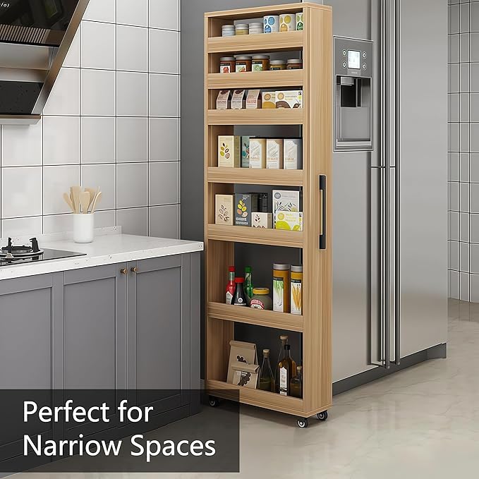 7 Tier Slim Rolling Storage Cart with Wheels, Narrow Storage Cabinet for Small Spaces, Mobile Spice Rack Organizer for Kitchen, Pantry, Baking Room, Dining Room(Wood,5.9"x21.6"x72.4")