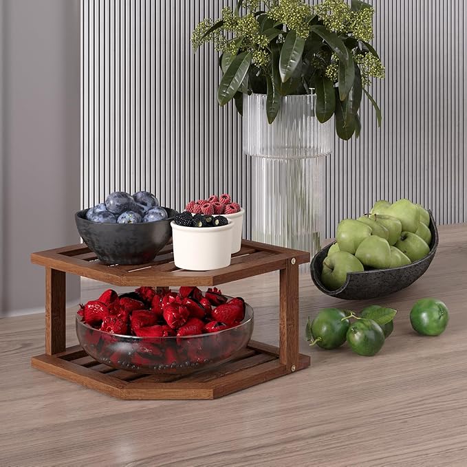 Bamboo Corner Shelf,2 Tier Plate Organizer for Cabinet and Countertop,Pantry Dish and Spice Rack for Kitchen（Brown）