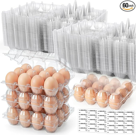 LOVEINUSA 60 Pack 12-Count Clear Plastic Egg Cartons with 60 Date Labels, Reusable PET Dozen Egg Holders for Medium Chicken Eggs, Clamshell Cartons for Farm, Home Fridge & Market Display