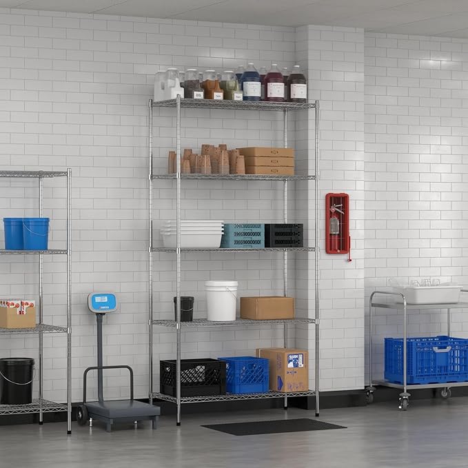 Commercial NSF Listed Chrome Stationary Wire Shelving Kit 21" x 48" x 96", with 5 Shelves Perfect for Warehouse, Walk-in Refrigerator, Freezer, Grocery Store, Restaurant, Dishroom