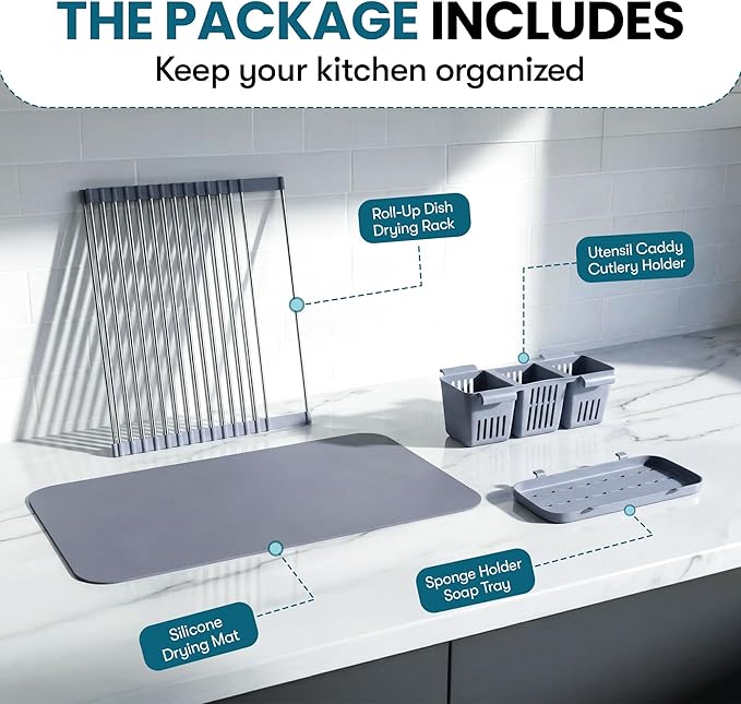 Havenity™ Expandable Roll Up Dish Drying Rack with Drying Mat - Adjustable Up to 22.75" with 2 Free Attachments & 2 Removable Baskets, 304 Stainless Steel Over The Sink Dish Drying Rack Cover Kitchen