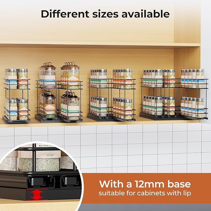 Pull Out Spice Rack Organizer for Cabinet, Slide Out Spice Racks, Easy to Install Spice Cabinet Organizers, 5.28" Wx10.43 Dx8.26 H, 2 Drawers 2 Tiers(Black)