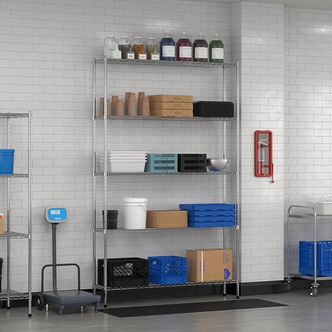Commercial NSF Listed Chrome Stationary Wire Shelving Kit 12" x 60" x 96", with 5 Shelves Perfect for Warehouse, Walk-in Refrigerator, Freezer, Grocery Store, Restaurant, Dishroom