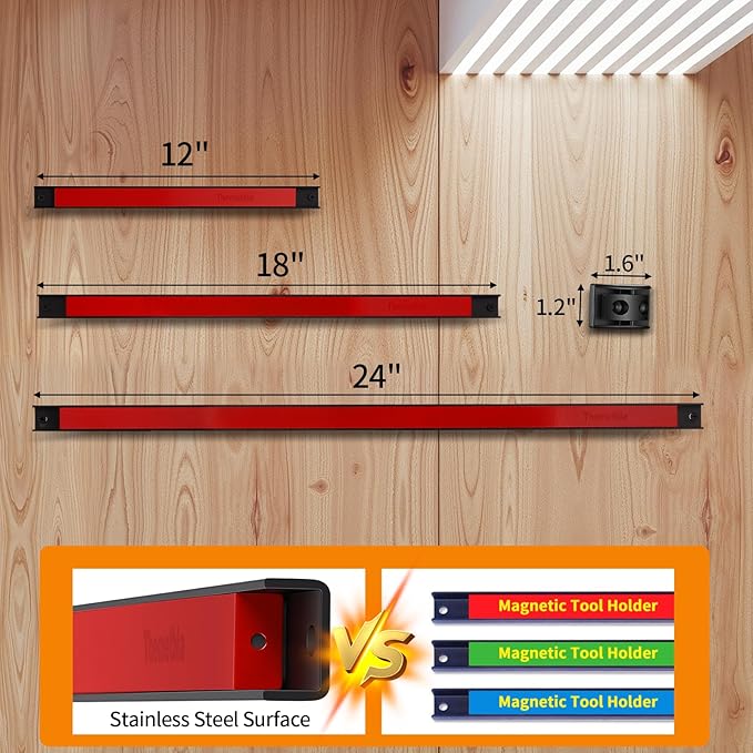 18" Magnetic Tool Holder Strip, 4 Pieces Red Metal Tool Organizer Rack with Stainless Steel Surface, Magnet Bar for Garage Workshop, Easy To Install with Mounting Screws