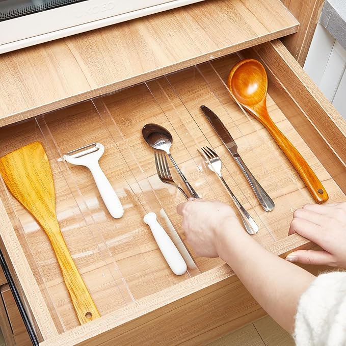 1 Pack Expandable Kitchen Drawer Organizer Clear Acrylic Utensil Organizer Adjustable Acrylic Silverware Storage for Drawers Silverware Flatware Knives (12 x 16 Inches,3-5 Compartments)