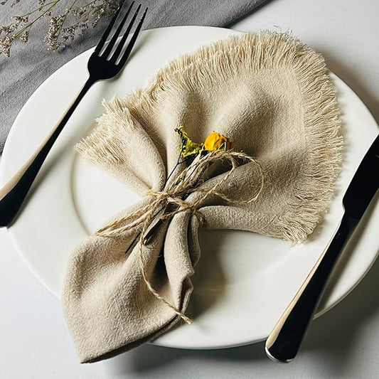 Handmade Cloth Napkins with Fringe,18 x 18 Inches Cotton Linen Napkins Set of 4 Versatile Handmade Square Rustic Fringe Napkins for Dinner, Wedding and Parties, Beige