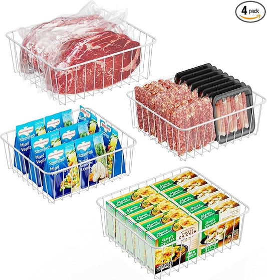 iSPECLE Freezer Organizer Bins - 4 Pack Small Freezer Bin for 5 / 6 / 6.5 / 6.8 / 7 cu.ft Standup Freezer Easy Get, Stop Food Fall out, Upright Freezer Baskets Allow Air Circulation, White