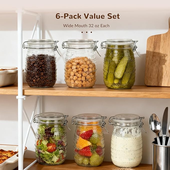 32 oz 6Pack Glass Mason Jars with Airtight Clip-Top Lids, Wide Mouth Reusable Glass Canning Storage Containers Jars for Kitchen, Jams, Pickling, Coffee Beans & Meal Prep (32 oz)