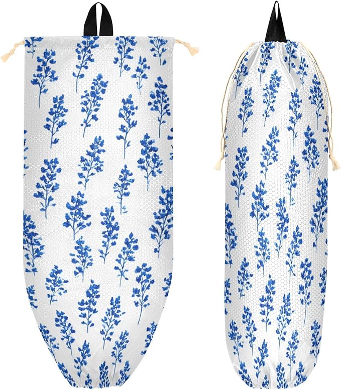 Plastic Bag Holder Wall Mount Grocery Bag Shopping Bag Storage Holder Organizer Dispenser with Adhesive Hook,for Kitchen Bathroom Home Decor 9x22 Inches Small Bluebonnet Flower16