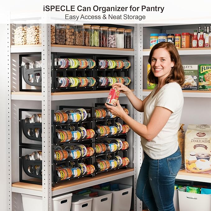 iSPECLE Can Organizer, Store 40 Cans Auto Rolling Pantry Can Organizer Easy Access Can, Adjustable Dividers Fit Various Cans Sizes, Extendable Can Storage Better Fit Pantry Shelf Space, Black