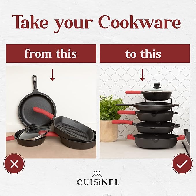 Pan Organizer - Silicone-Coated Non-Slip 12" Heavy Duty Skillet Rack - Kitchen Counter/Cabinet Organization Storage - Holder for Cookie Sheet, Cutting Board, Cast Iron Cookware, Dish, Pot, Lid Stand