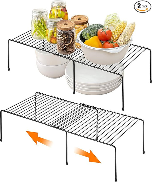 Ravinte 2 Pack Freezer Shelf Organizer, Expandable Cabinet Storage Shelf with Rustproof Metal Wire, Adjustable Kitchen Cabinet Organizer Spice Rack for Frige, Pantry, Cupboard, Countertop - Black