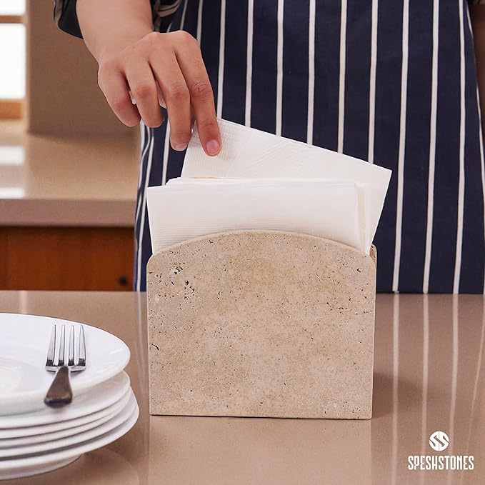 Marble Napkin Holder for Table 6.5 Inch Handmade Travertine Decorative Cocktail Napkins & Tissue Paper Holders for Modern Farmhouse Decor, Bathroom Accessories, Home, Kitchen and Dining