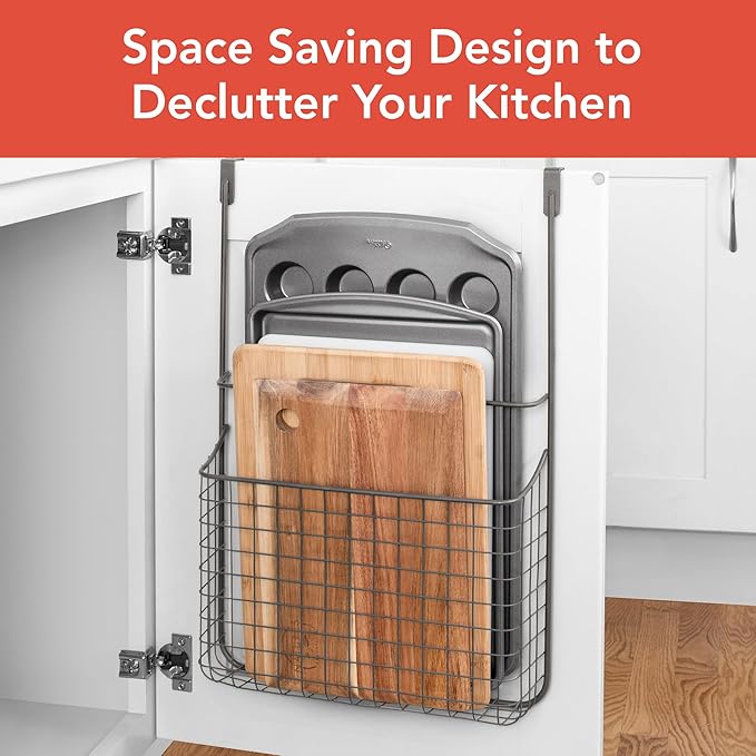 Spectrum Grid Cabinet Door Cutting Board Holder Over the Cabinet Door Metal Wire Kitchen Organizer for Cutting Boards Chopping Blocks Cookie Sheets Bakeware Storage Organization, Industrial Gray