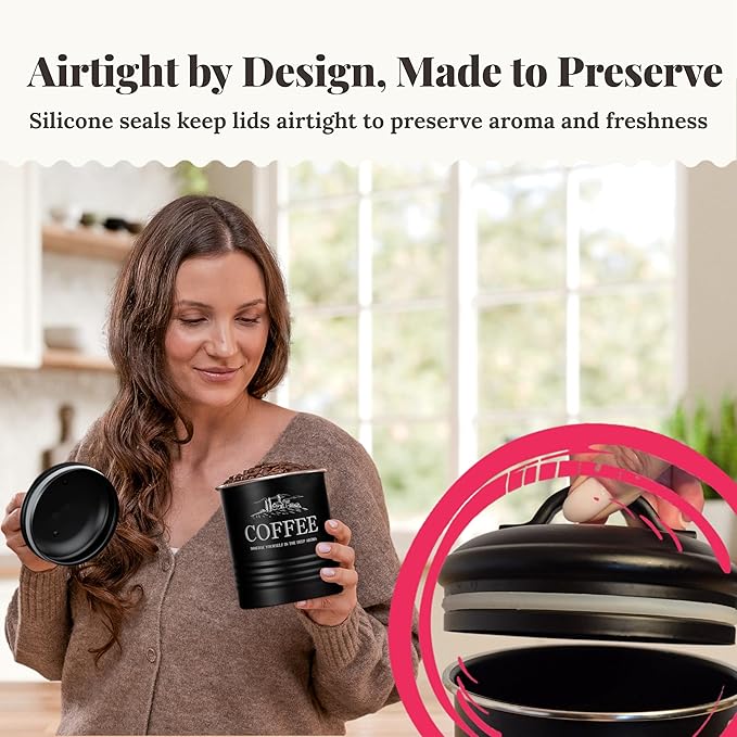 Kitchen Canisters for Countertop – 5-Piece Airtight Canister Sets for the Kitchen Counter with Utensil Holder – Flour Sugar Coffee Tea Containers – Matte Black Finish