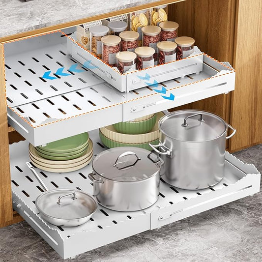 Pull Out Cabinet Organizer 2PCS, 4-Way Width (11"-18") and Depth (13"-24") Expandable Pull Out Drawers for Cabinets – One Size Fits Most! No Drill, Heavy-Duty Metal Organizer for Pantry, Kitchen White