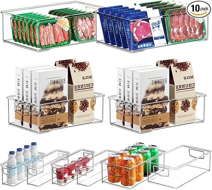 Clear Freezer Organizer Bins, 10 Pack Plastic Storage Bin, Stackable Snack Organizer for Pantry, Fridge Storage Containers with Handle for Cabinet, Kitchen