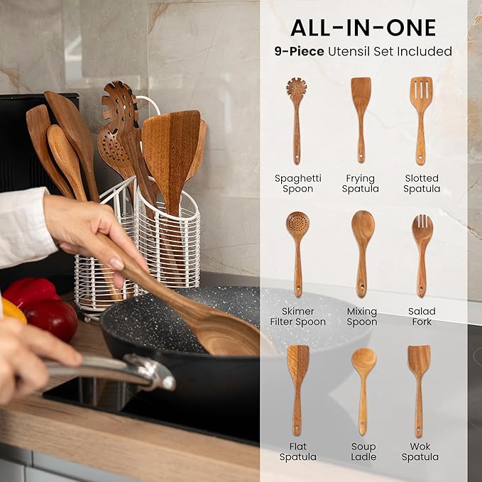 Rotating Utensil Holder with 3 Compartments & Cork Bottom – Premium Matte White Metal + 9-Piece Acacia Wood Kitchen Utensil Set – Countertop Organizer for Cooking Tools, Housewarming & Holiday Gifts