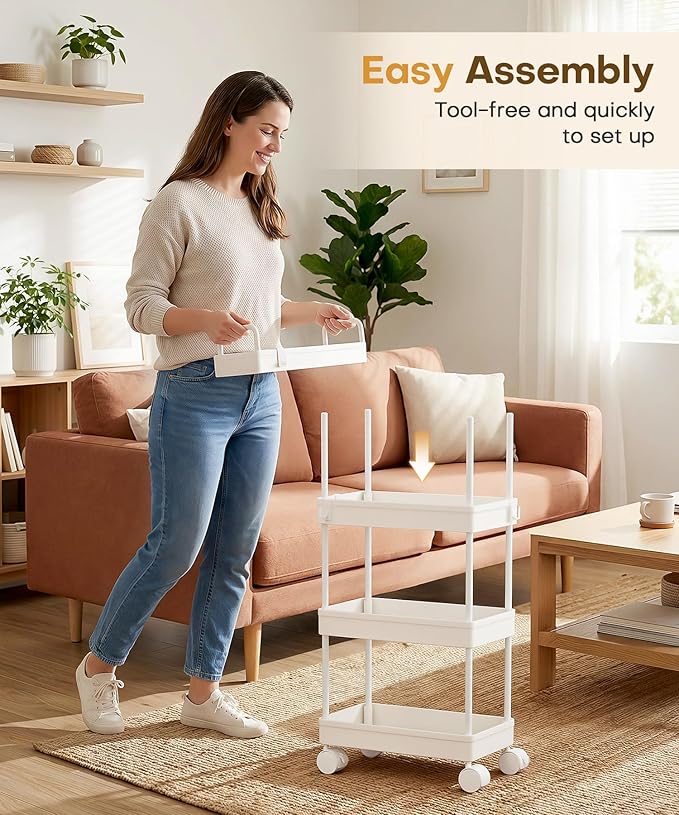 Homde Slim Rolling Cart for Kitchen: 4-Tier Space-Saving Narrow Floor Organizer - 37.4in Tall Vertical Storage for Bottles & Jars - Locking Wheels 8 Hooks for Hang & Grab