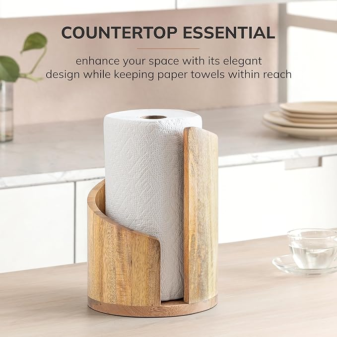 Anji Mountain Paper Towel Holder Countertop with Mango Wood Round Base and Iron Holder,Holder Stand for Kitchen Roll Organize,Wooden Paper Towel Holder for Kitchen Dining Table Home Decor