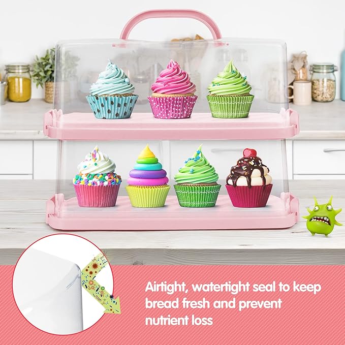 2-Pack Plastic Rectangular Bread Box with Clear Lid, Loaf Cake Keeper, Portable Bread Keeper Storage Container with Handle (Pink)