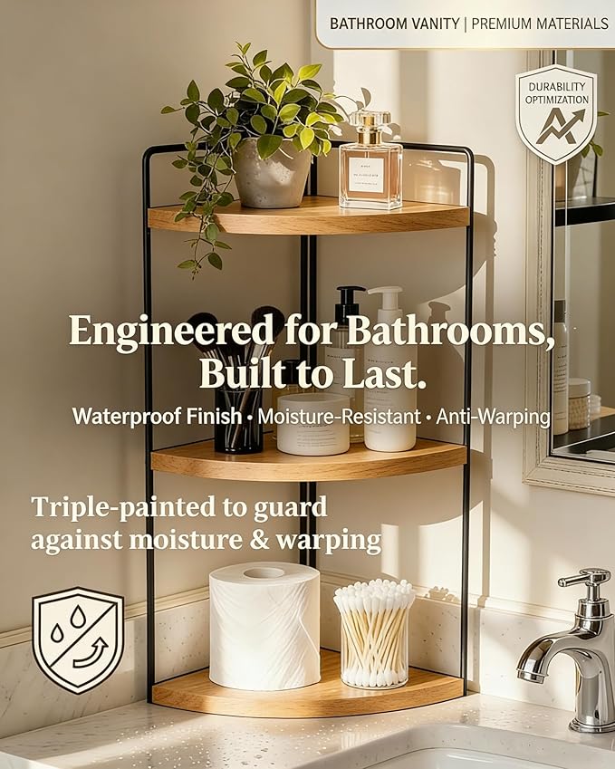 Corner Bathroom Countertop Organizer, 3-Tier Rustic Wood Corner Shelf with Sturdy Metal Frame, Waterproof Vanity Storage for Cosmetics & Toiletries, Space Saving Rack for Kitchen, Natural