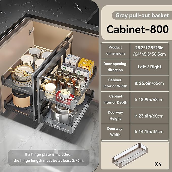 Blind Corner Cabinet Pull Out 13", 14.1", 15.3", 16.9", 2 Tier Kitchen Cabinet Organizer, Left & Right Open Compatible, Blind Corner Kitchen Cabinets