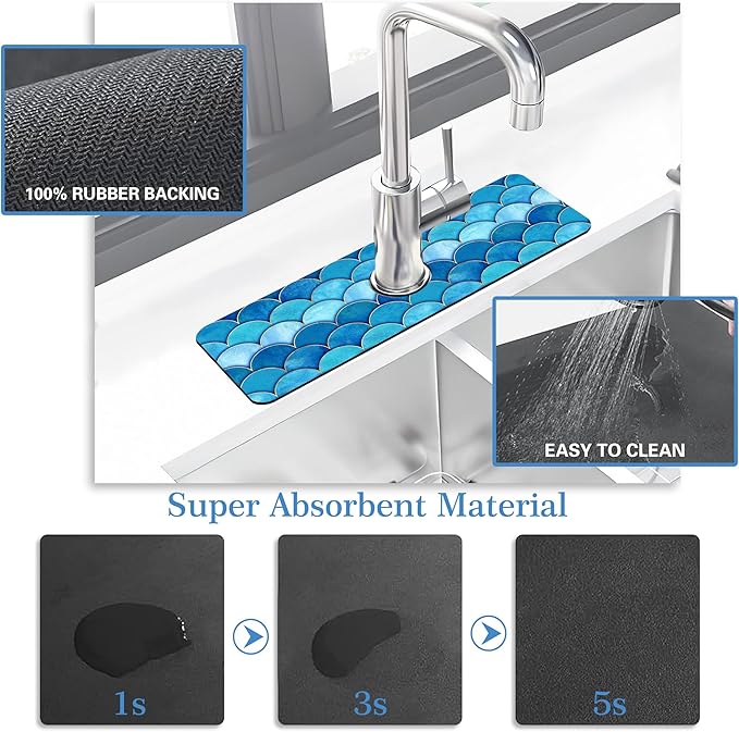 Mermaid Fish Scale Wave Faucet Mat Splash Guard Scale Texture, Soft Diatom Mud Material, Strong Water Absorption, Non-slip,Easy to Clean for Bathroom, Kitchen 15"X5.5"