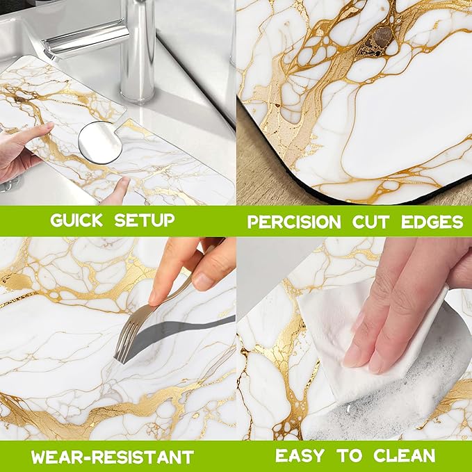 Gray Gold Marble Kitchen Sink Splash Guard Faucet Mat Super Absorbent Fast Drying Mat Guard Behind Faucet Drip Catcher for Kitchen Bathroom, 15.5"X5.5"