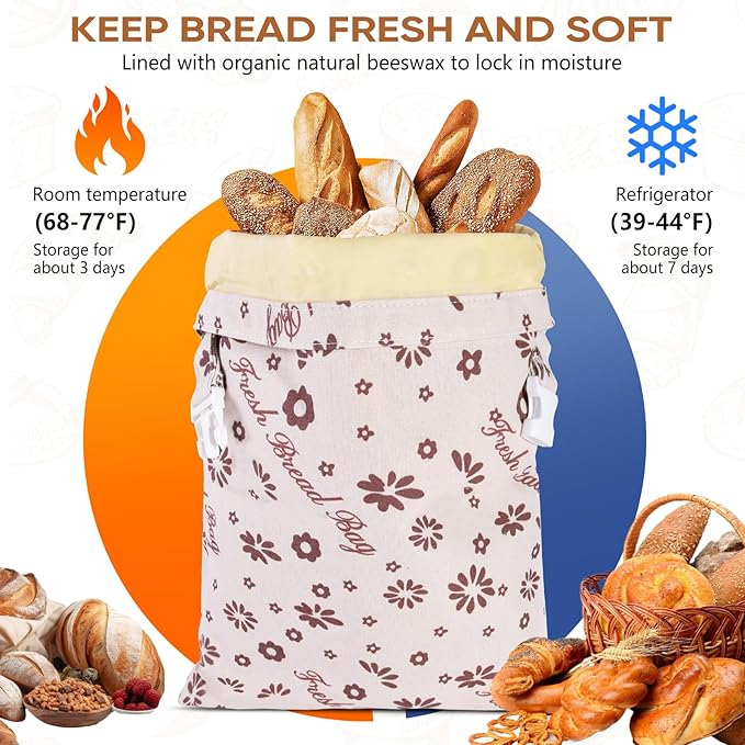 Beeswax Bread Bags for Sourdough 17in*12in Sealed Bag with Snap Closure Reusable Cotton Beeswax Bag for Homemade Bread Freezer-Friendly Freshness Preservation Food Storage 2 Pack（Brown Flowers）