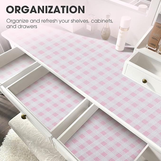 ALIUNI Drawer and Shelf Liner, Non-Slip Kitchen Cabinet Liners Non-Adhesive Thick Strong Grip Waterproof Washable Mats Protect Dresser Shelves Cupboard Bathroom Cabinets, Pink Plaid, 18 in X 20 FT