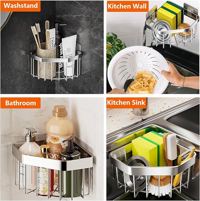 Corner Sponge Holder Kitchen Sink Organizer, Adhesive Stainless Steel Sponge Caddy for Kitchen, Dish Cloth Hanger Sponge Holder Soap Storage Rack for Space-Saving Storage(not for Rounded)