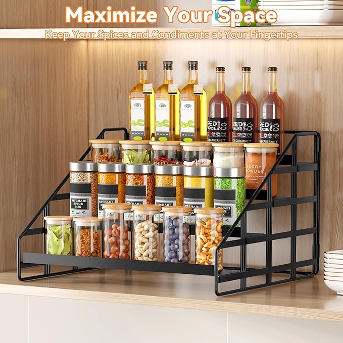Spice Rack 4 Tier Kitchen Cabinet Organizer,Countertop Spice Rack,Tier Depth Adjustable Cabinet Shelf,Step Spice Organization Easy Visibility,Holds Seasoning and Condiments 2Pack