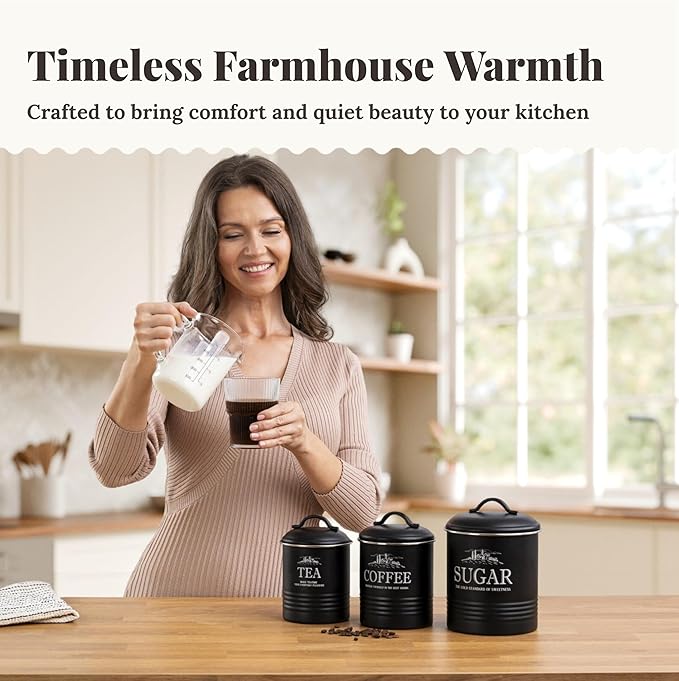 Kitchen Canisters for Countertop – 3-Piece Airtight Kitchen Canister Set – Sugar Coffee Tea Containers for Kitchen Counter – Matte Black Finish