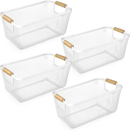 4 Pcs Metal Wire Basket with Wooden Handles Mesh Steel Storage Organizer Bin Containers for Home Organizing Cabinet Pantry Closet Kitchen Fridge Fruit Makeup Snacks Gifts(Medium,Cream White)
