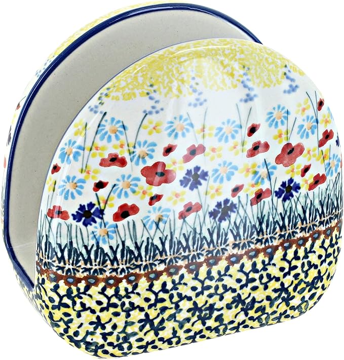 Blue Rose Polish Pottery - Yellow Prairie Garden Napkin Holder - 5" x 5" - Ceramic Napkin Holders, Decorative Dining Table Accessories