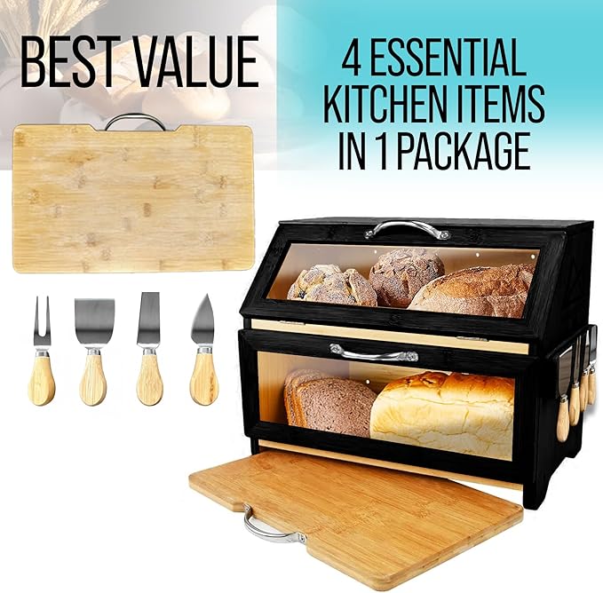 Extra Large Bread Box with Cutting Board & Knife Set | 7 Piece Set | Bamboo Breadbox | Bread Boxes for Kitchen Countertop | Bread Storage Container| Assembly Required (New Black)