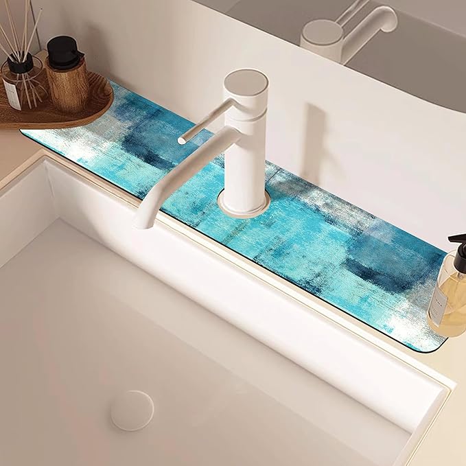 Kitchen Sink Splash Guard Faucet Mat Abstract Teal and Grey Geometric Absorbent Fast Drying Mat Faucet Draining Mat Sink Splash Guard Behind Faucet Drip Catcher for Kitchen Bathroom 24" X 5.5"
