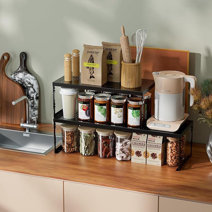 Adjustable Stackable Metal Storage Shelf Organizer - Expandable Wire Rack with Perforations for Kitchen, Pantry, Bathroom, Cabinet & Office-Compact, Durable & Sturdy (2PACKS/Medium/Black)