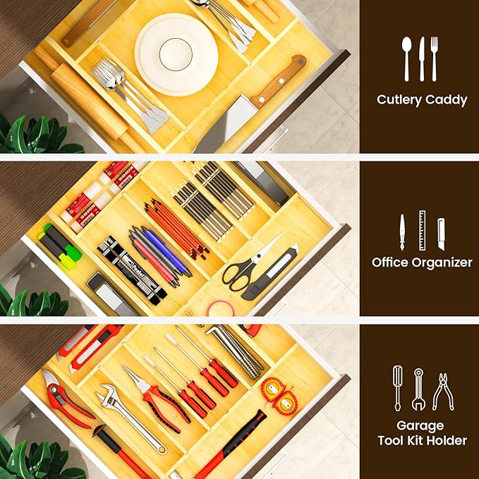 Silverware Drawer Organizer Wood with Adjustable Partition for Kitchen Utensil Cutlery Flatware Cabinet Storage Compartment Tray Insert with Dividers (19.2" W x 19.5" D x 2.5" H)