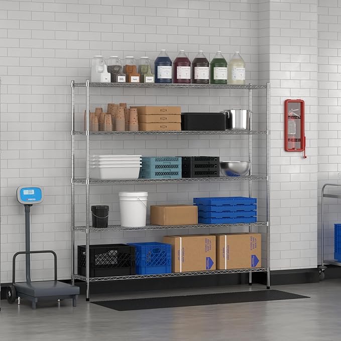 Commercial NSF Listed Chrome Stationary Wire Shelving Kit 14" x 72" x 74", with 5 Shelves Perfect for Warehouse, Walk-in Refrigerator, Freezer, Grocery Store, Restaurant, Dishroom