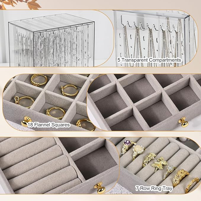 Greenfeather Jewelry Organizer with 7 Removable Drawers, Clear Acrylic Jewelry Box with 40 Necklace Hooks, 120 Pairs of Earring Holes, 2 Velvet-Lined Drawers for Rings, Necklaces, Earrings,Gray